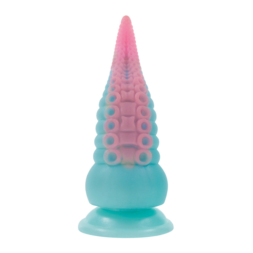 A blue and pink silicone tentacle toy with suction cups.