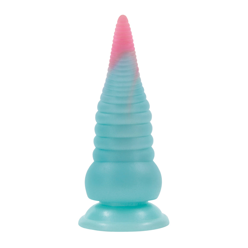 A teal and pink ribbed silicone tentacle toy with a suction cup base.