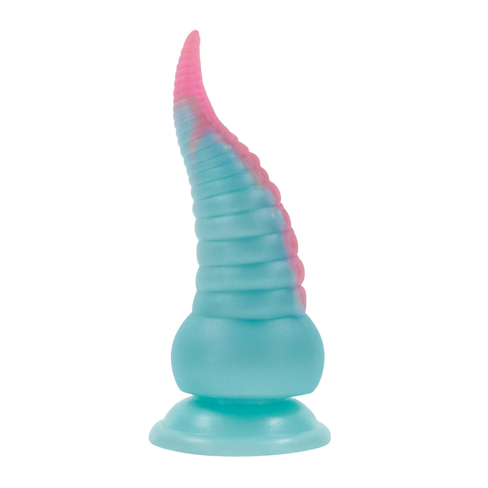 A blue and pink silicone tentacle toy with a suction cup base.