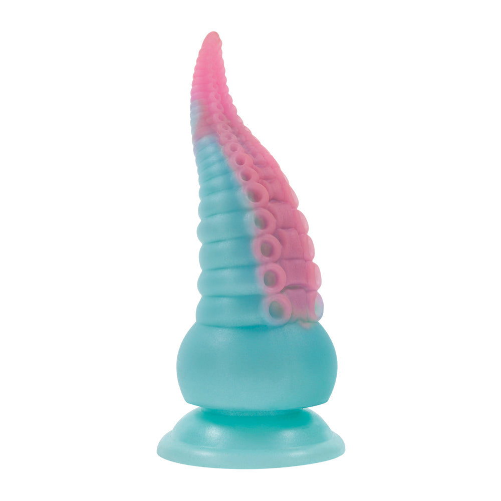 A teal and pink silicone tentacle toy with suction cups.
