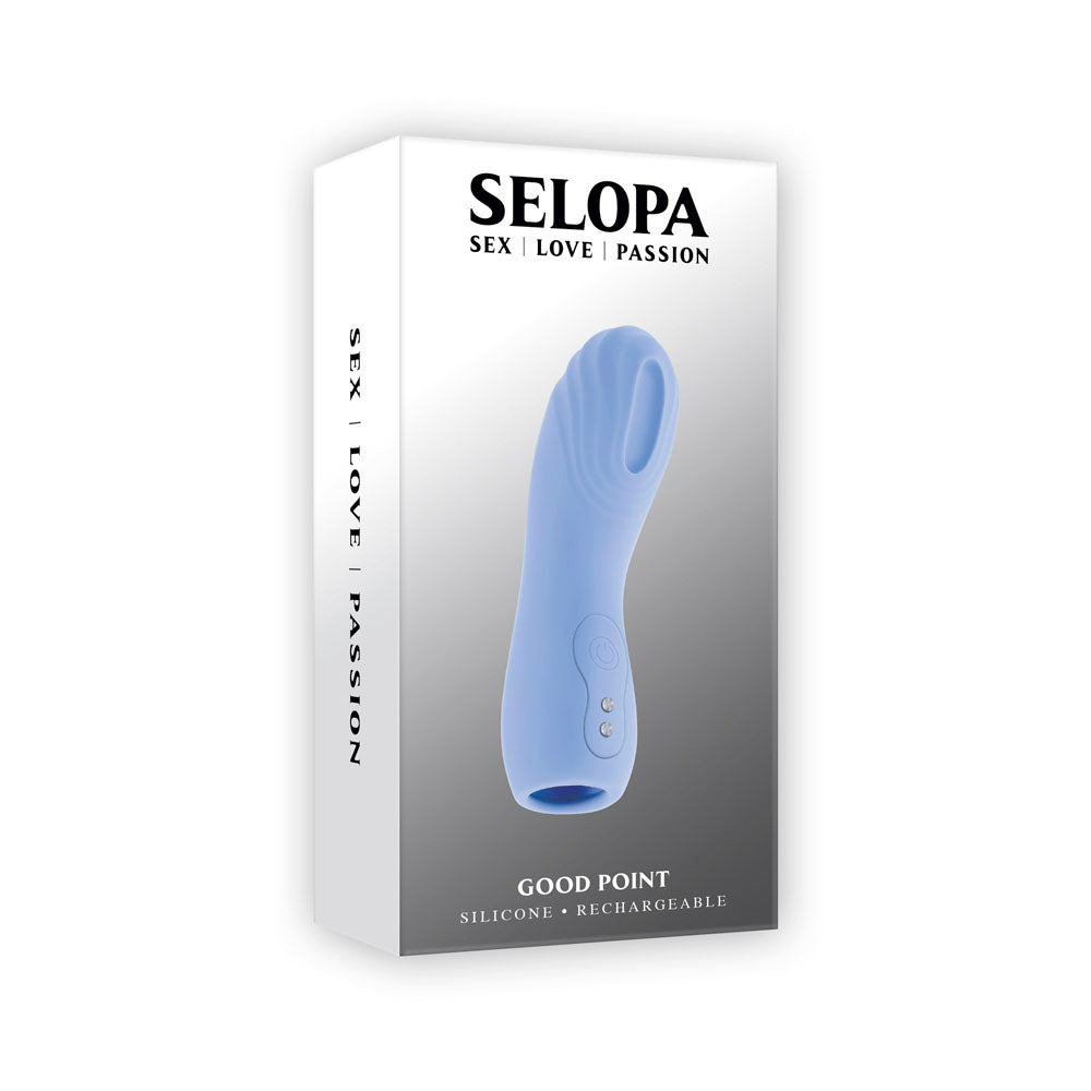A light blue silicone finger vibrator with buttons and text that reads "SELOPA SEX LOVE PASSION GOOD POINT SILICONE RECHARGEABLE".