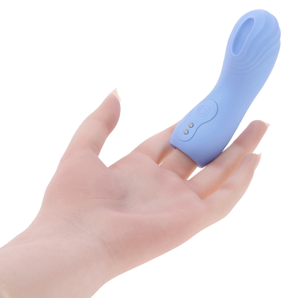 A light blue silicone finger vibrator with a textured tip and two buttons.