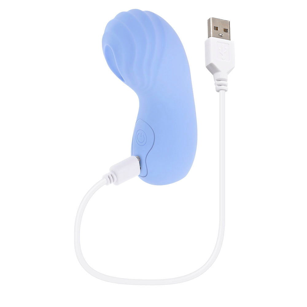 A blue silicone finger vibrator with a USB charging cable.