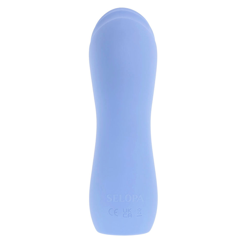 A light blue silicone finger vibrator with "SELOPA" and certification marks.