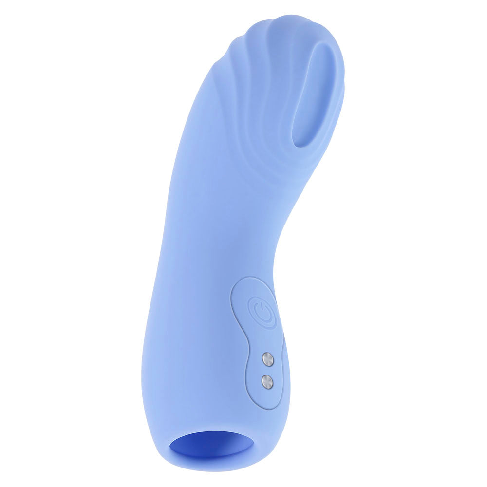 A light blue silicone finger vibrator with a textured tip and two control buttons.