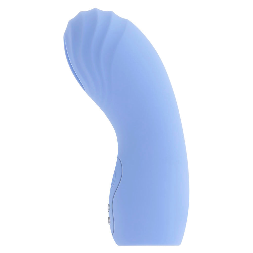 A blue silicone finger vibrator with a textured tip and buttons on the side.