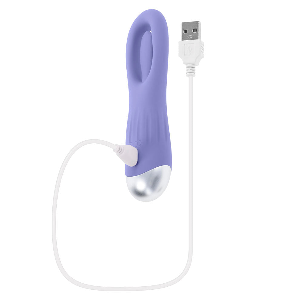 Purple silicone vibrator with a silver tip and a white USB charging cable.