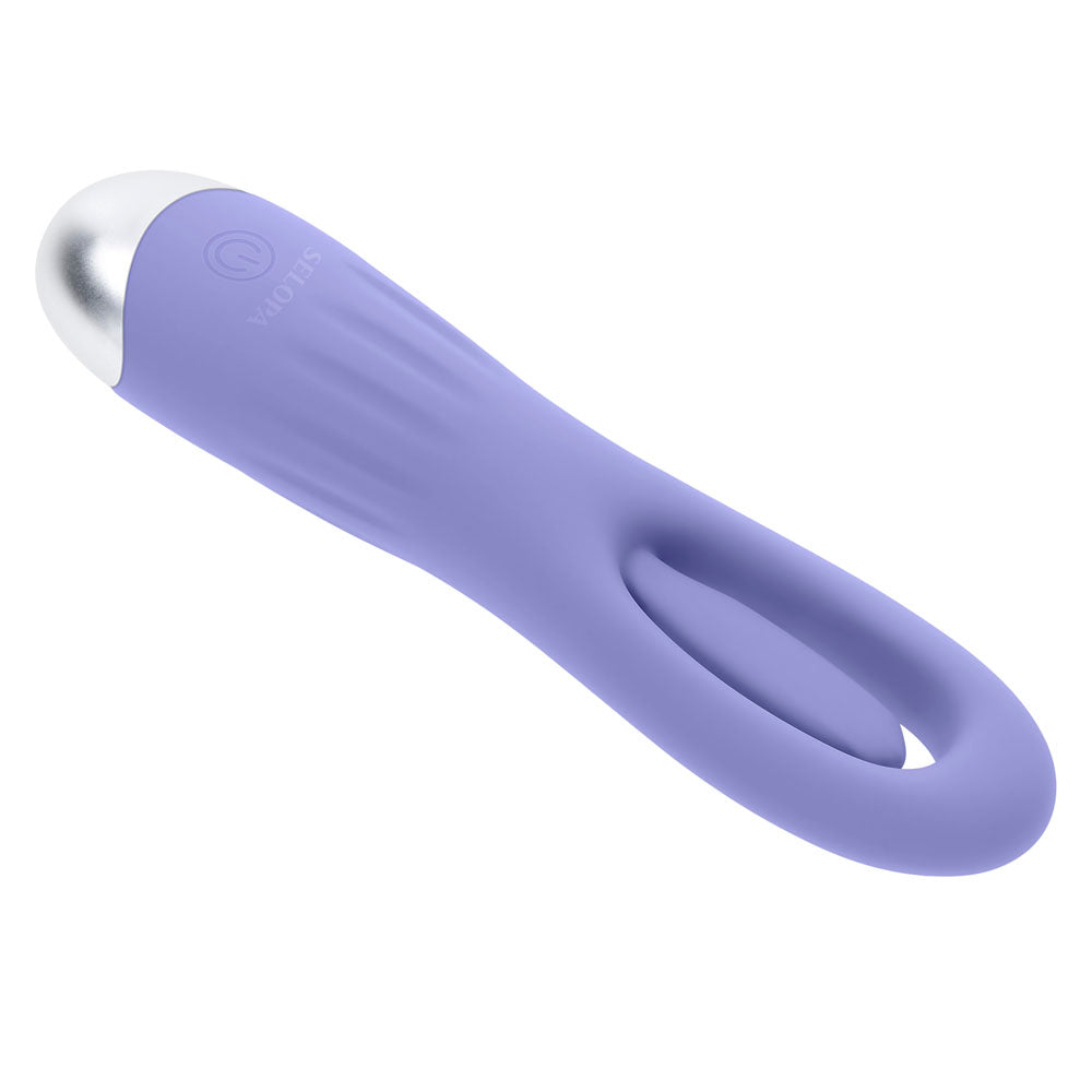 Purple silicone G-spot vibrator with a silver tip and a looped end.