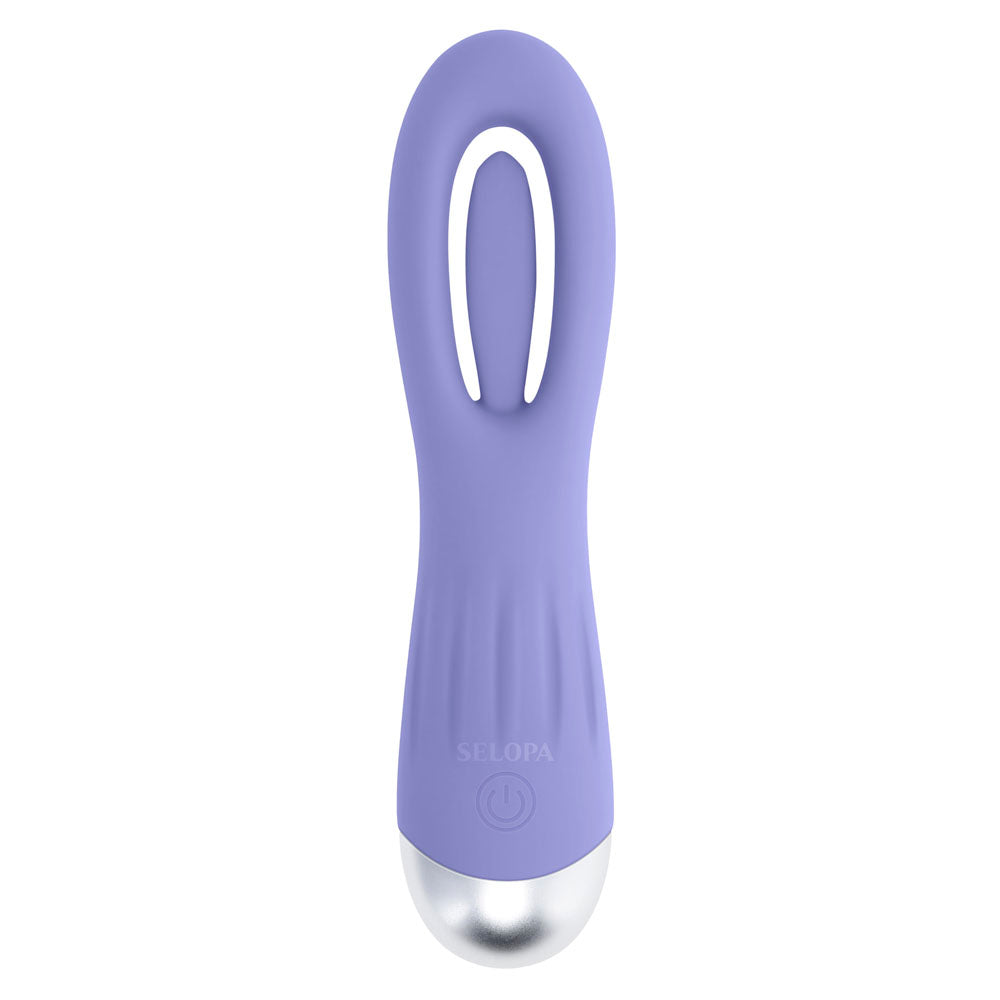 Purple silicone vibrator with a curved tip and a silver base.