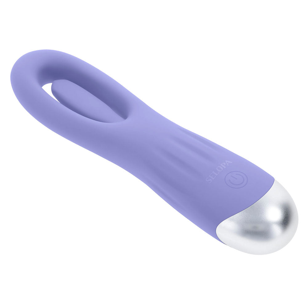 Purple silicone G-spot vibrator with a curved tip and silver end.
