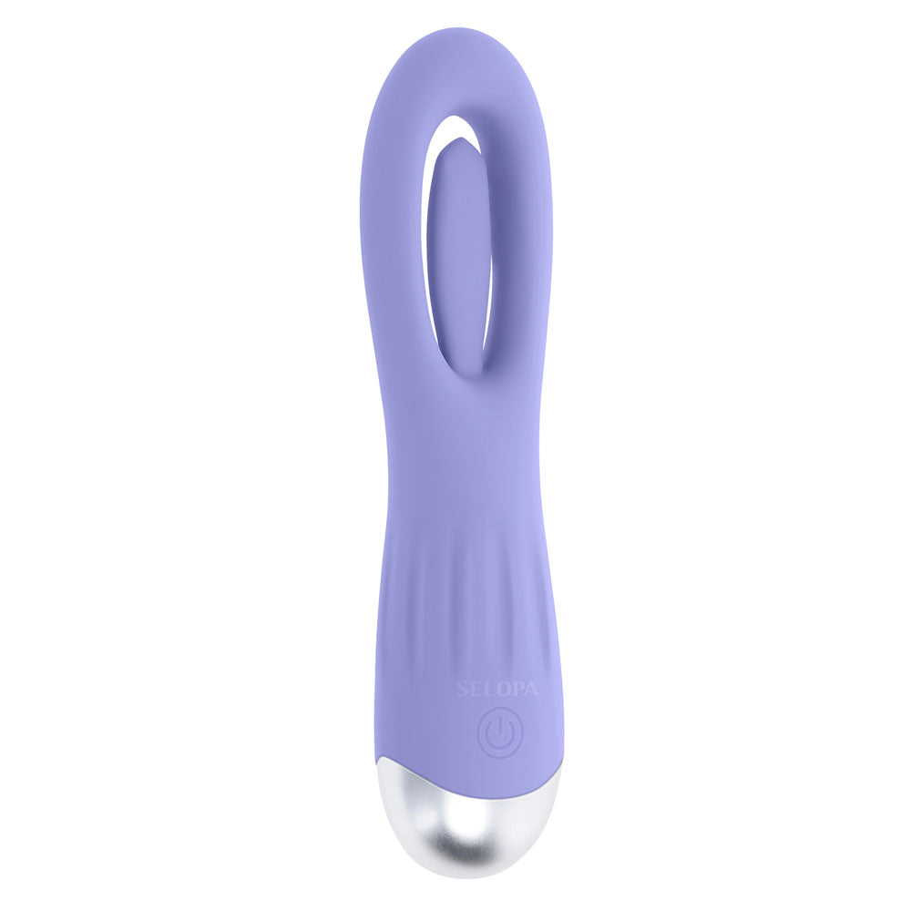 Purple silicone G-spot vibrator with a curved tip and a flapping stimulator.