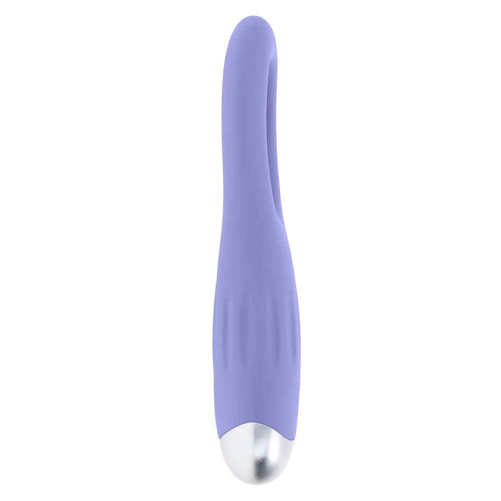Purple silicone G-spot vibrator with a silver tip.