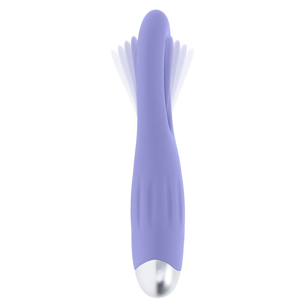 Purple silicone G-spot vibrator with a silver tip and flapping stimulator.