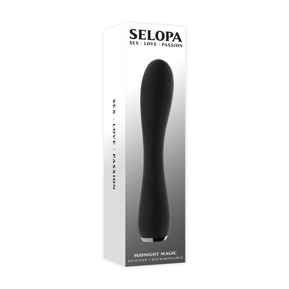 A black, curved silicone vibrator with the brand name Selopa on its box.