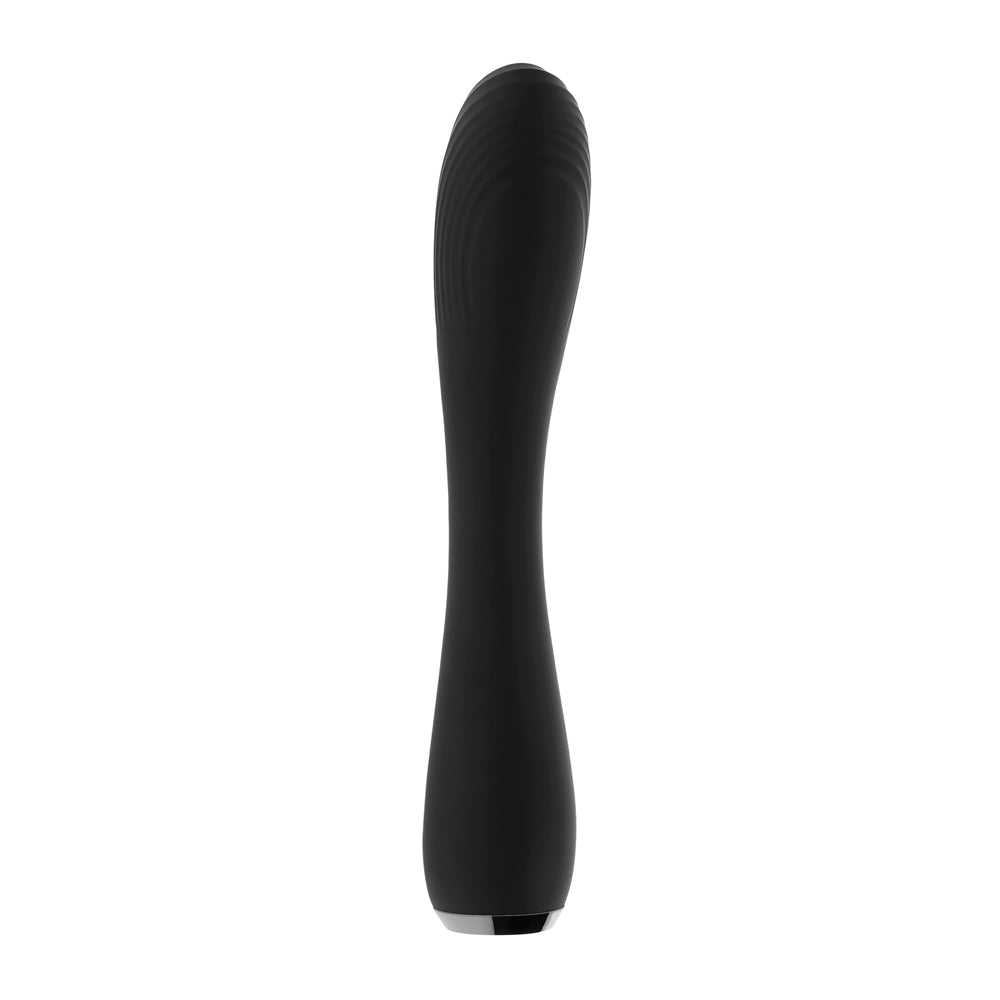A black, curved silicone vibrator with a textured head and silver base.