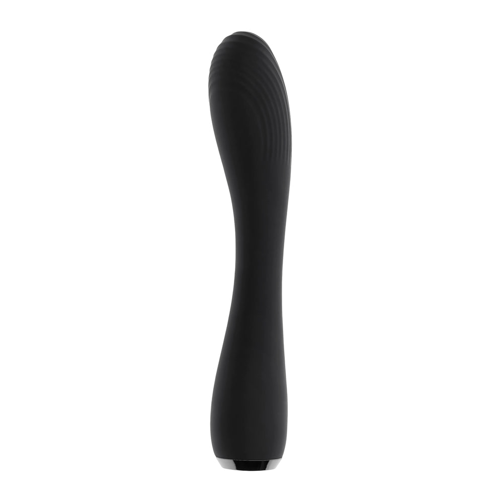 Black curved silicone vibrator with textured head and metallic base.