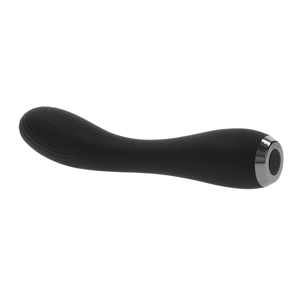 Black curved silicone vibrator with a silver button on the end.