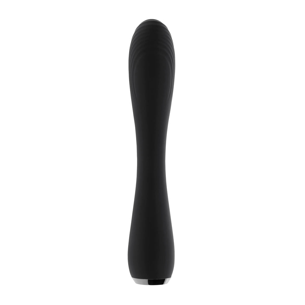 Black curved silicone vibrator with textured head and silver base.