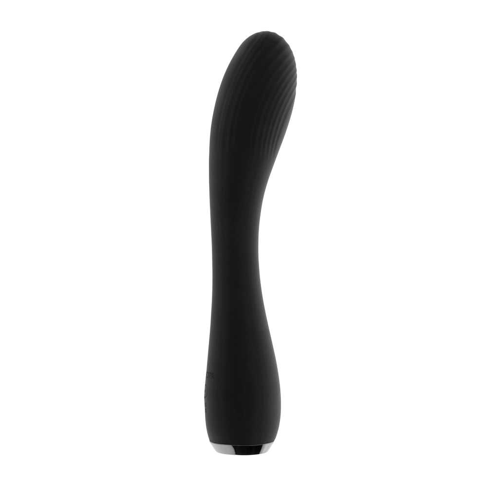 Black curved silicone vibrator with ribbed texture and silver base.