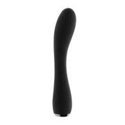 Black curved silicone vibrator with ribbed texture and silver base.