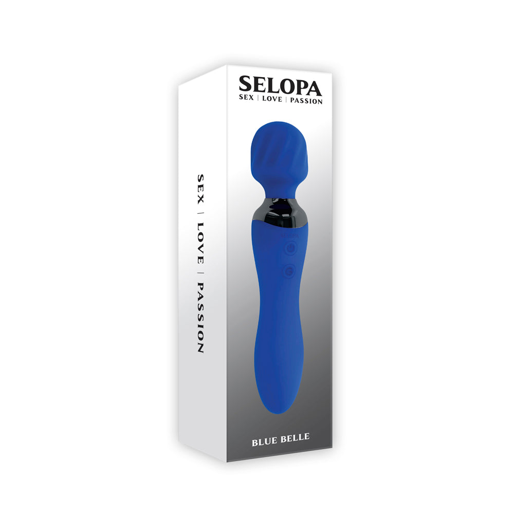 Blue dual motor rechargeable wand vibrator with textured head and bulbed base.