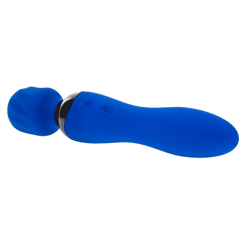 Blue dual motor rechargeable wand vibrator with textured head.