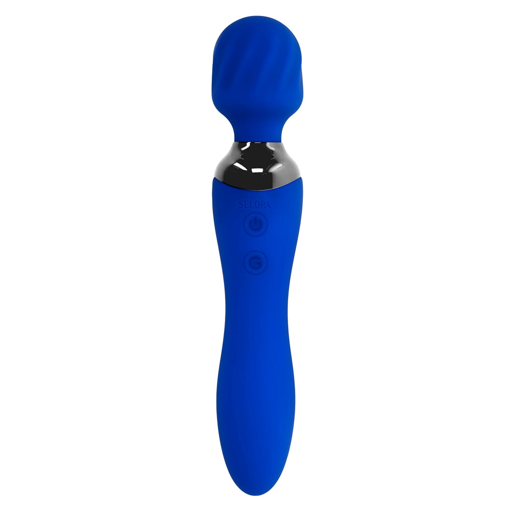 Blue dual motor rechargeable wand and vibrator with textured head and bulbed base.