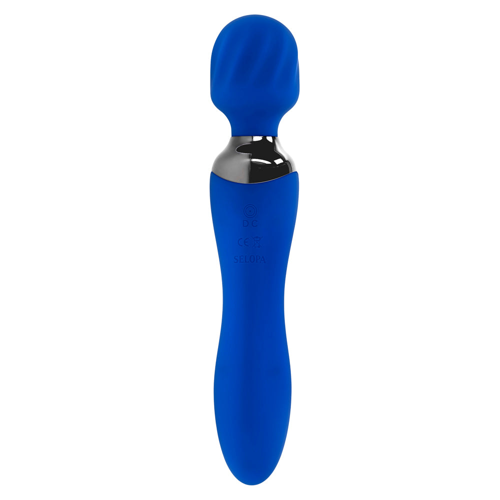 Blue dual motor rechargeable wand vibrator with textured head.