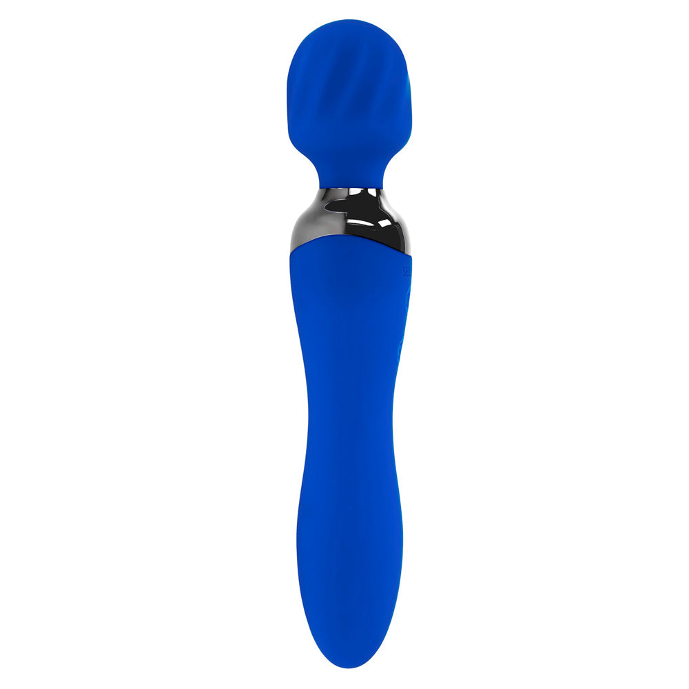 Blue dual motor rechargeable wand vibrator with textured head.