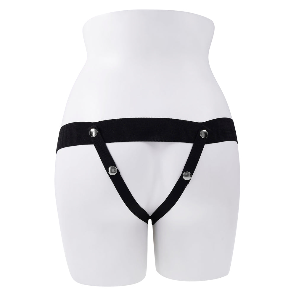 Black elastic harness with silver snap closures on a white mannequin.