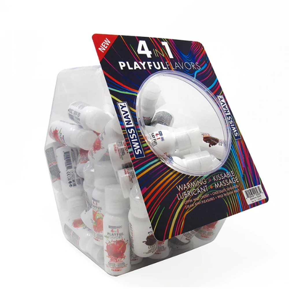 Swiss Navy 4-in-1 edible warming massage lube in assorted flavors.