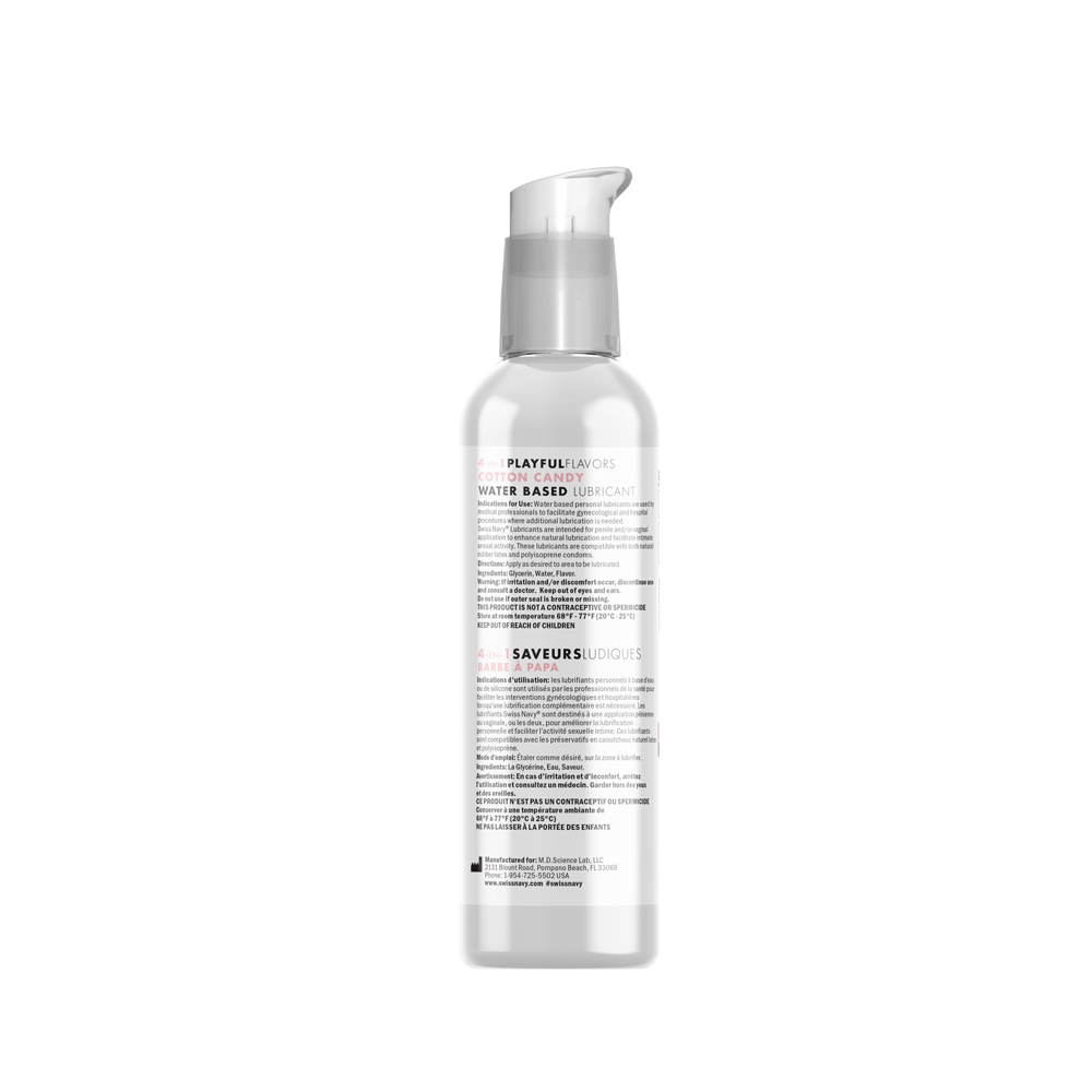 Swiss Navy Cotton Candy warming massage lube in a pump bottle.
