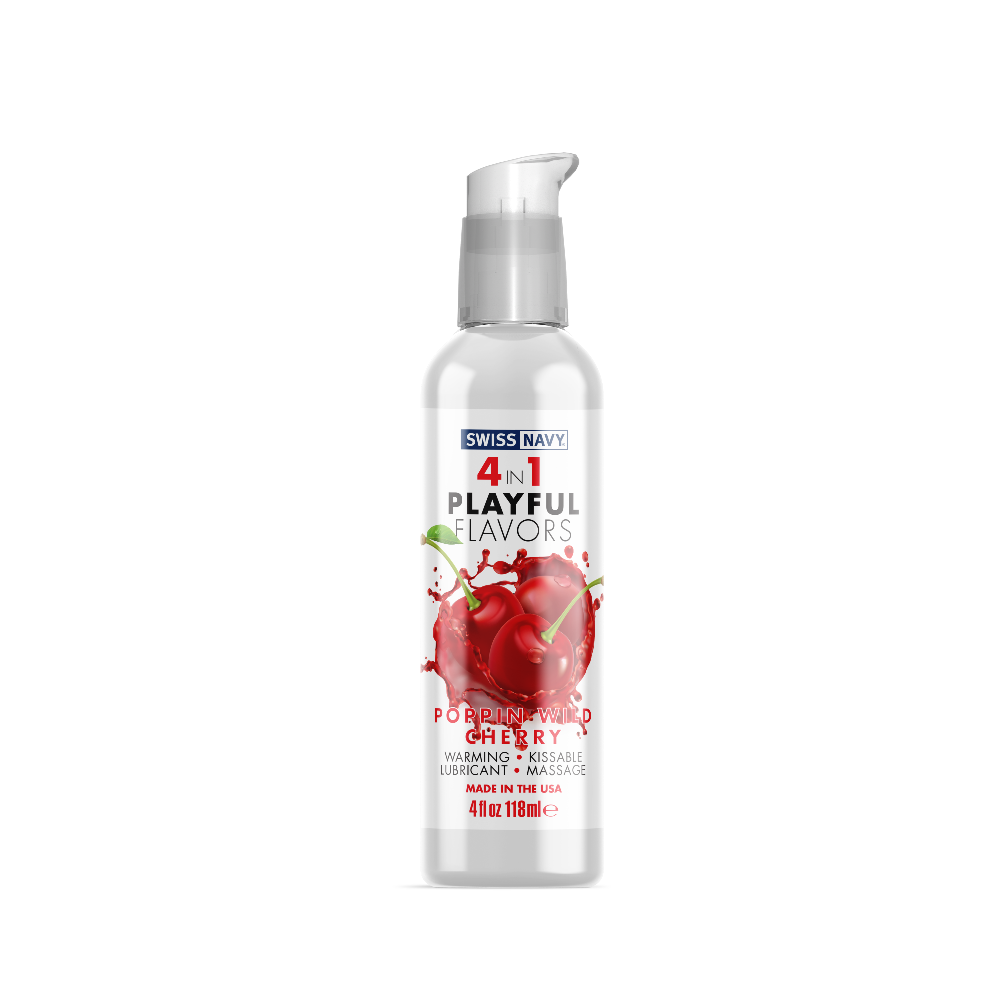 Swiss Navy Wild Cherry 4-in-1 flavored massage lube in a 4oz bottle.