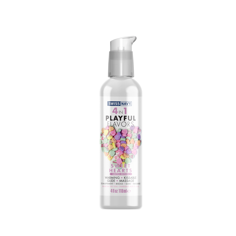 Swiss Navy Sweet Hearts 4-in-1 warming massage lube in a clear pump bottle.