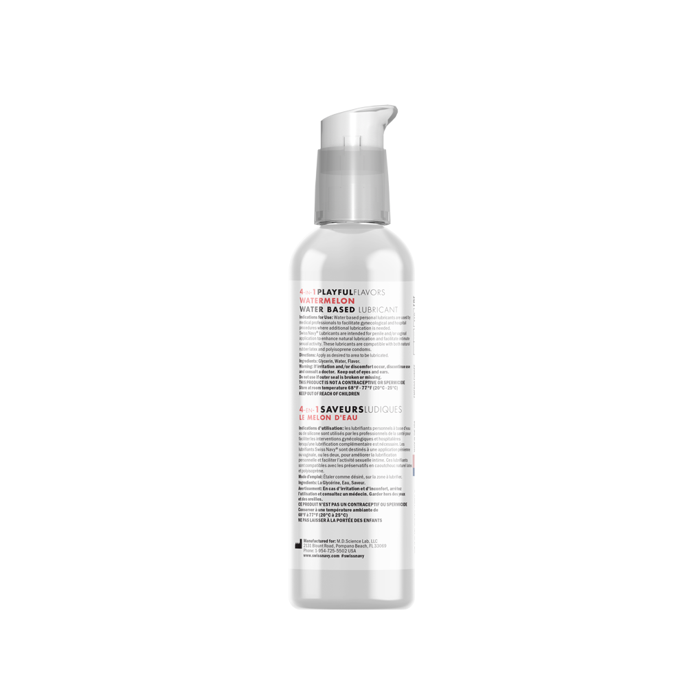 A bottle of Swiss Navy Watermelon flavored water-based lubricant.