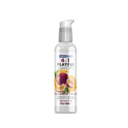 Swiss Navy 4-in-1 Passion Fruit flavored massage lube in a clear pump bottle.