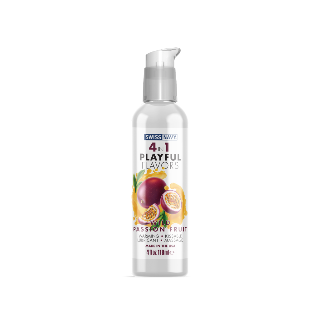 Swiss Navy 4-in-1 Passion Fruit flavored massage lube in a clear pump bottle.