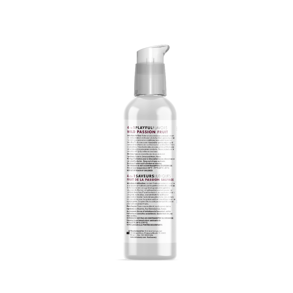 Swiss Navy Passion Fruit 4-in-1 flavored massage lube in a clear bottle with a pump.
