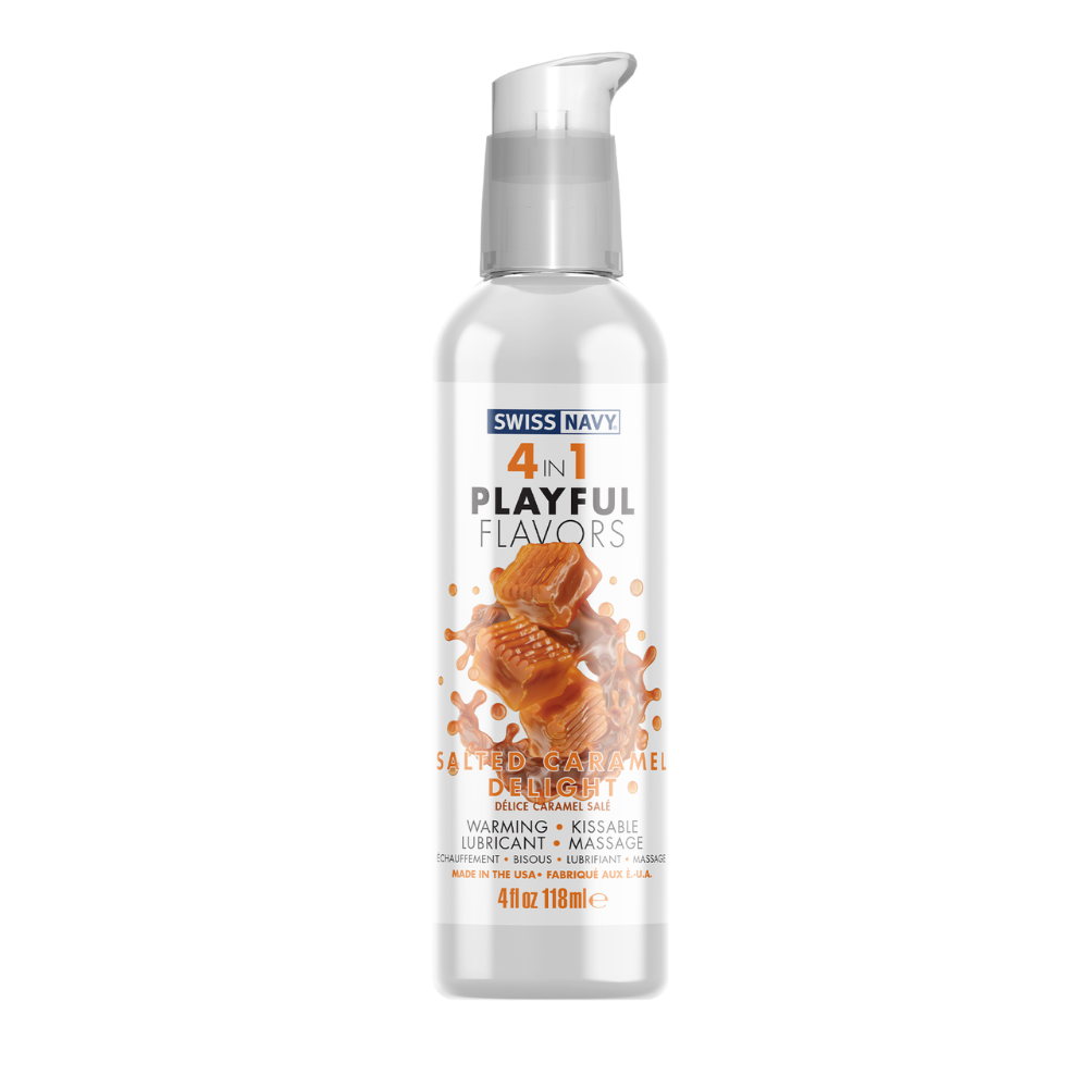 Swiss Navy Salted Caramel 4-in-1 warming flavored lubricant in a pump bottle.