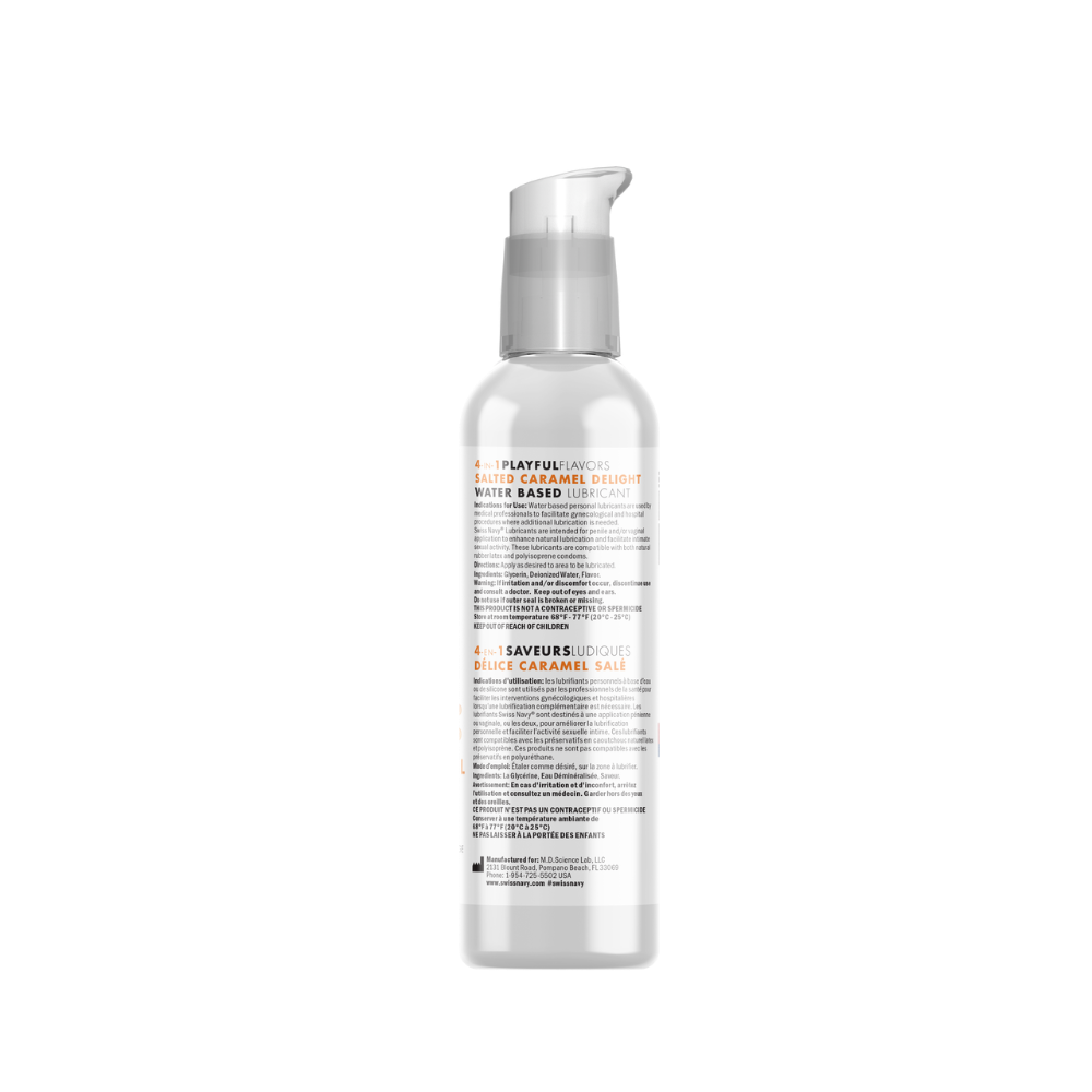 A clear bottle of Swiss Navy Salted Caramel warming flavored lubricant with a white pump dispenser.