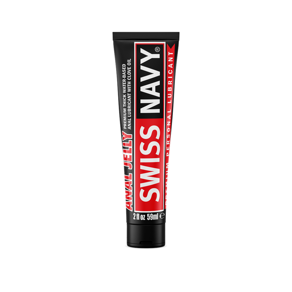 Swiss Navy Anal Jelly, a water-based lubricant with clove oil in a 2oz tube.