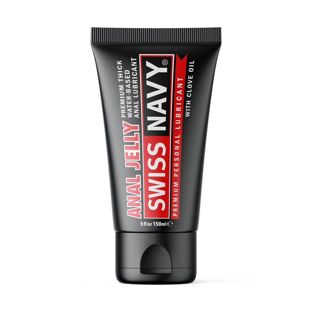 Swiss Navy Anal Jelly lubricant in a black tube with red and white text.