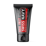 Swiss Navy Anal Jelly lubricant in a black tube with red and white text.