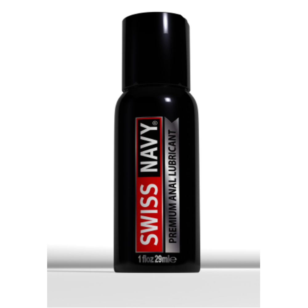 Swiss Navy Premium Anal Lubricant bottle with red and silver label.