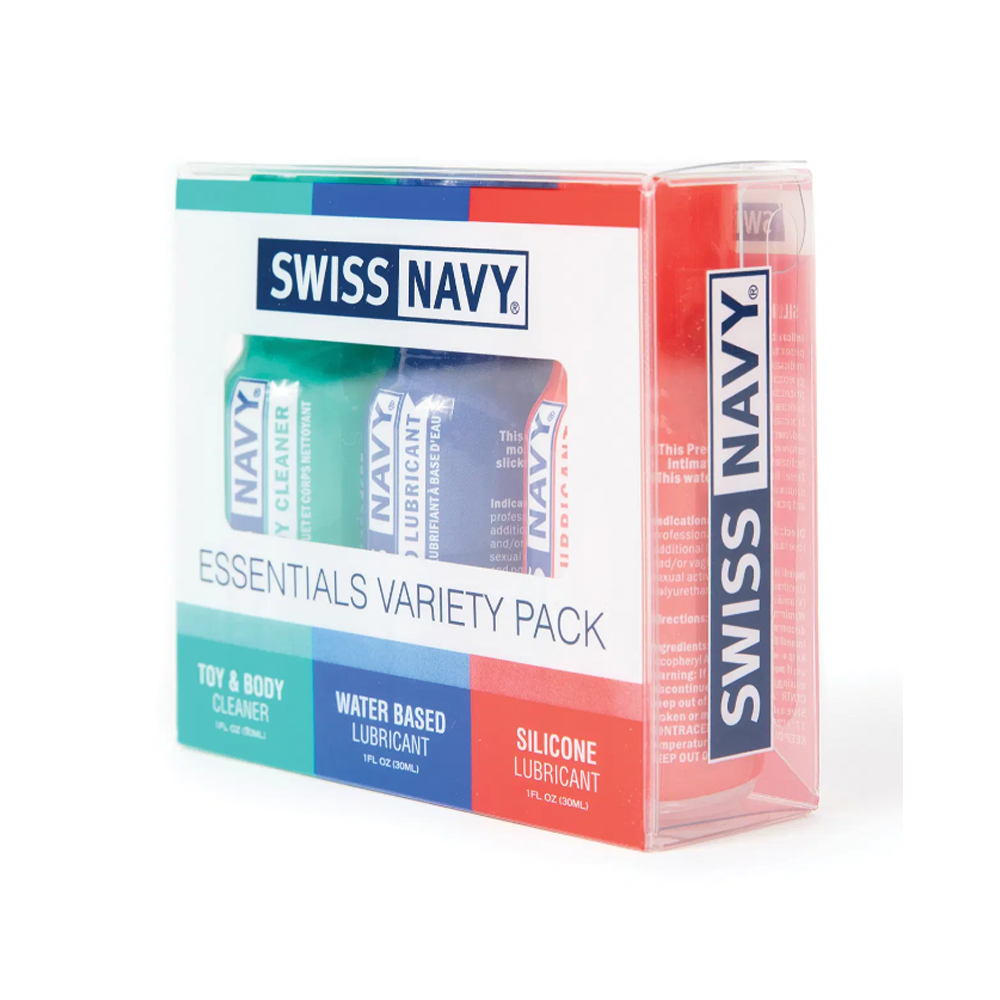 Swiss Navy Essentials Variety Pack with toy cleaner and two lubricants.
