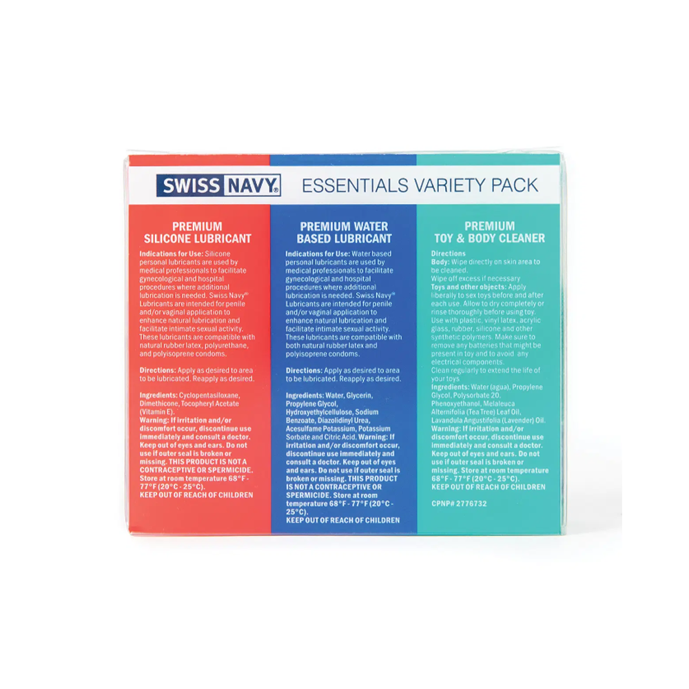 Swiss Navy Essentials Variety Pack with silicone lubricant, water-based lubricant, and toy cleaner.