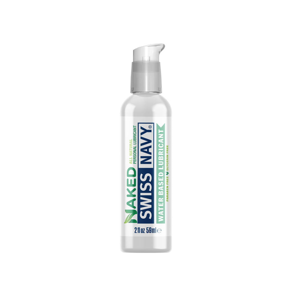 A bottle of Swiss Navy Naked water-based lubricant with a pump dispenser.