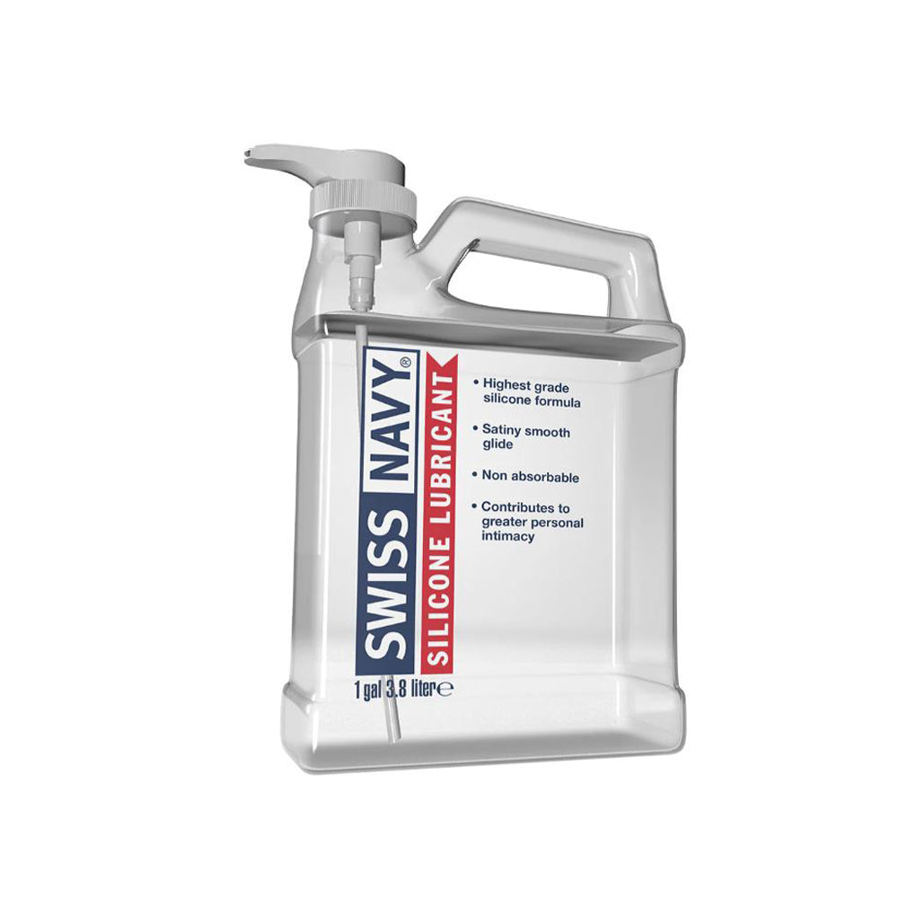 Swiss Navy 1 gallon jug of silicone lubricant with pump dispenser.