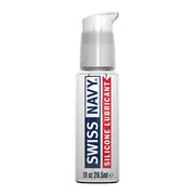 Swiss Navy silicone lubricant in a clear pump bottle.