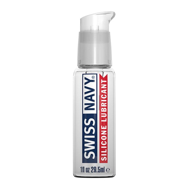 Swiss Navy silicone lubricant in a clear pump bottle.